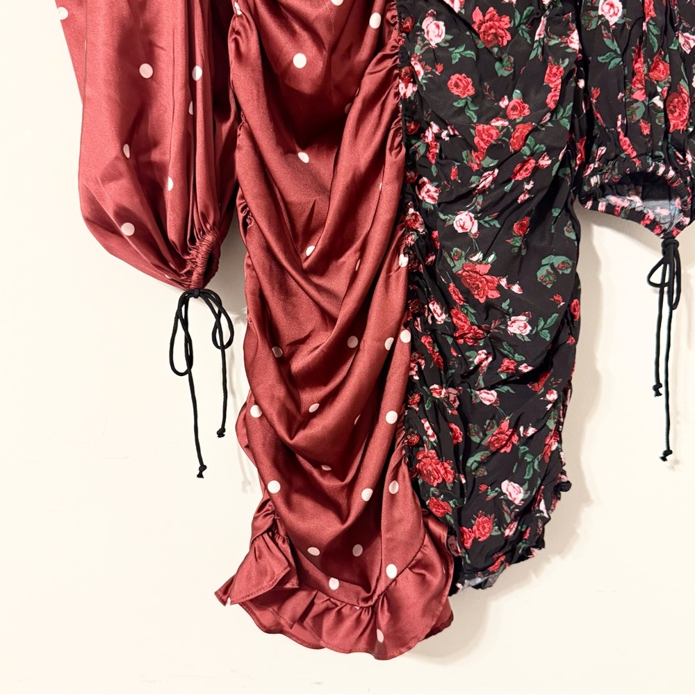 For Love & Lemons Cher Polka Dot and Roses Ruched Sweetheart Dress - Picture 7 of 10